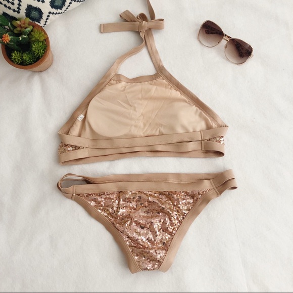 Rose Gold Sequined Tie Halter Bikini Set - Picture 3 of 4